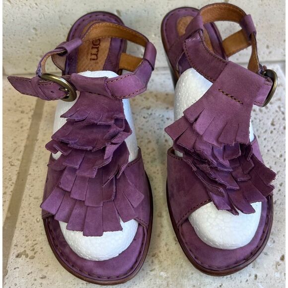 Born Mauve Purple Leather Fringe Tassel Heels Sandals Size 8 - Picture 5 of 16